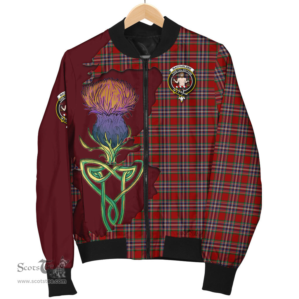 Scottish MacFarlane Red Tartan Family Crest with Thistle and Scotland Map Tartan Plaid Bomber Jacket Scottish Plaid Tartan Plaid - ScotsTee - scotstee.com