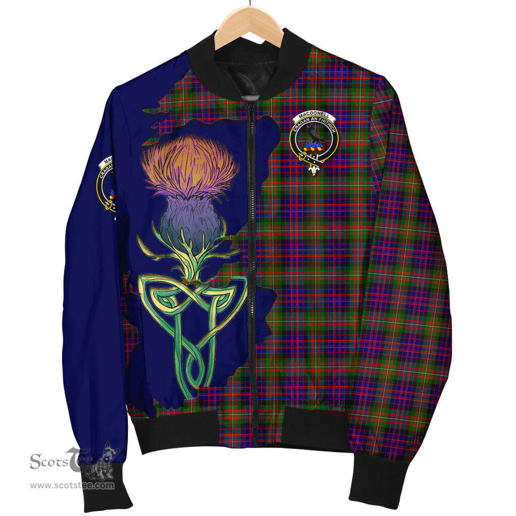 Scottish MacDonell of Glengarry Modern Tartan Family Crest with Thistle and Scotland Map Tartan Plaid Bomber Jacket Scottish Plaid Tartan Plaid - ScotsTee - scotstee.com