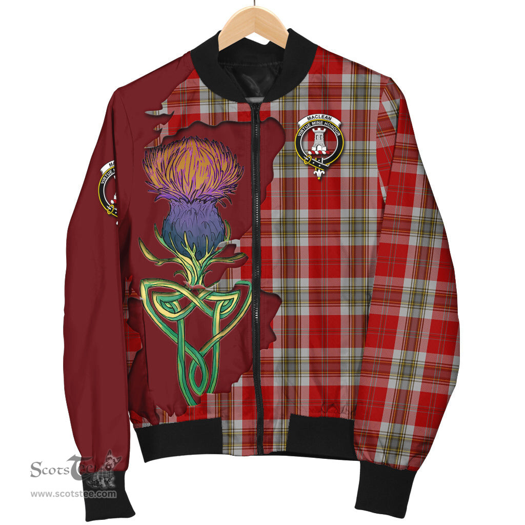 Scottish MacLean of Duart Dress Red Tartan Family Crest with Thistle and Scotland Map Tartan Plaid Bomber Jacket Scottish Plaid Tartan Plaid - ScotsTee - scotstee.com