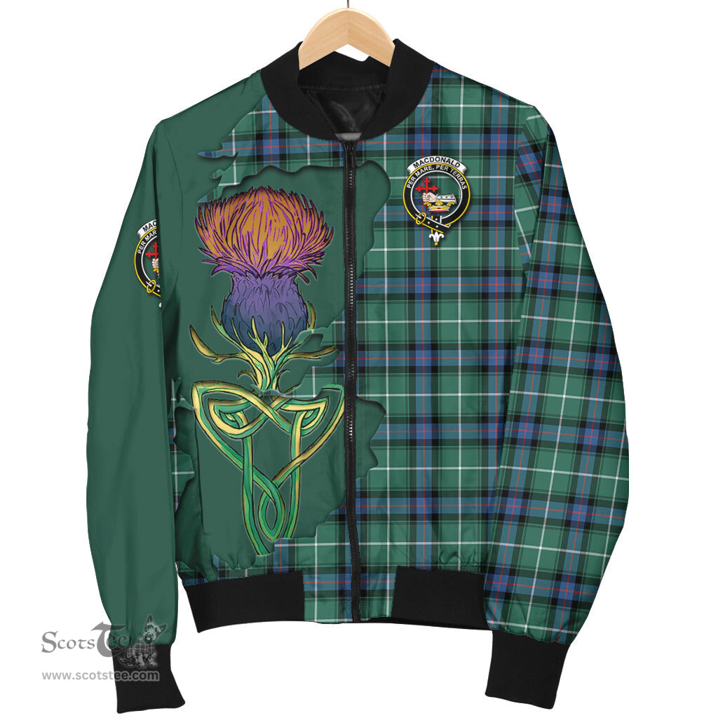 Scottish MacDonald of the Isles Hunting Ancient Tartan Family Crest with Thistle and Scotland Map Tartan Plaid Bomber Jacket Scottish Plaid Tartan Plaid - ScotsTee - scotstee.com
