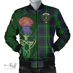 Scottish MacIntyre Hunting Tartan Family Crest with Thistle and Scotland Map Tartan Plaid Bomber Jacket Scottish Plaid Tartan Plaid - ScotsTee - scotstee.com