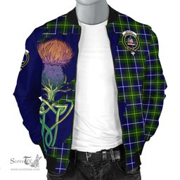 Scottish MacNeil of Barra Modern Tartan Family Crest with Thistle and Scotland Map Tartan Plaid Bomber Jacket Scottish Plaid Tartan Plaid - ScotsTee - scotstee.com
