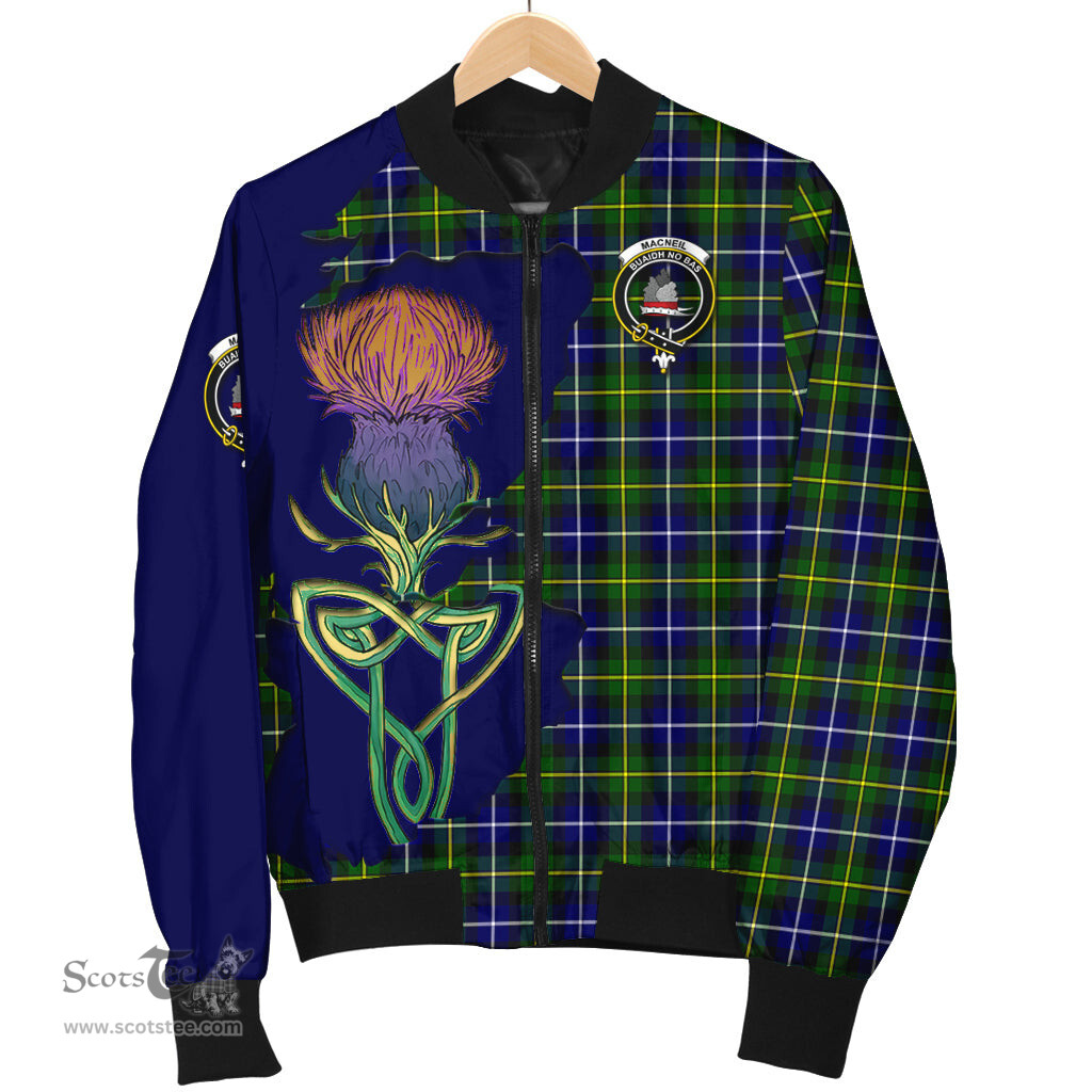 Scottish MacNeil of Barra Modern Tartan Family Crest with Thistle and Scotland Map Tartan Plaid Bomber Jacket Scottish Plaid Tartan Plaid - ScotsTee - scotstee.com
