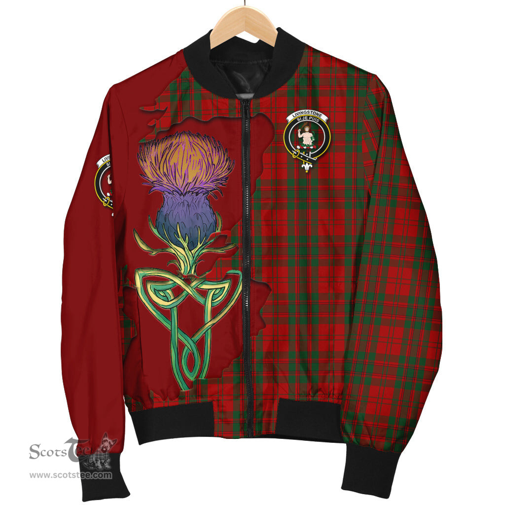 Scottish Livingston Tartan Family Crest with Thistle and Scotland Map Tartan Plaid Bomber Jacket Scottish Plaid Tartan Plaid - ScotsTee - scotstee.com