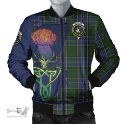 Scottish MacMillan Hunting Tartan Family Crest with Thistle and Scotland Map Tartan Plaid Bomber Jacket Scottish Plaid Tartan Plaid - ScotsTee - scotstee.com