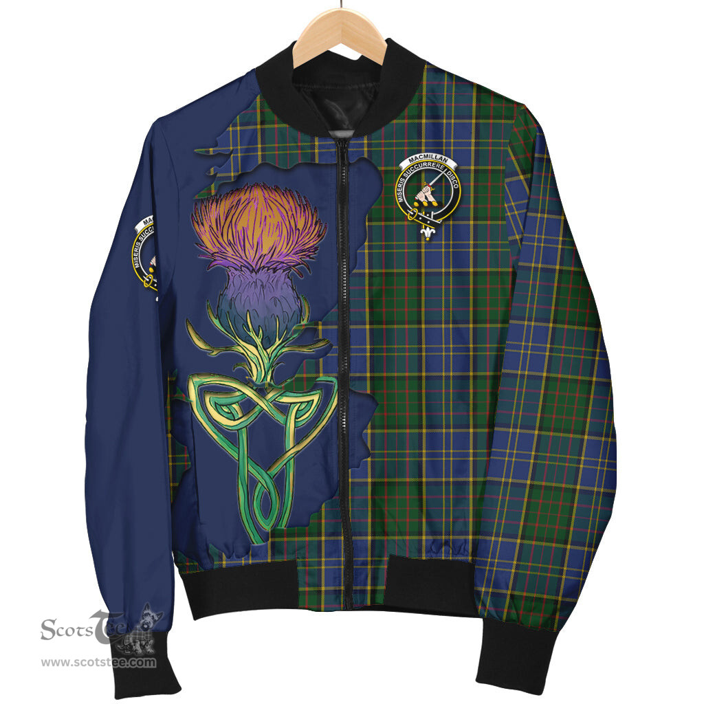 Scottish MacMillan Hunting Tartan Family Crest with Thistle and Scotland Map Tartan Plaid Bomber Jacket Scottish Plaid Tartan Plaid - ScotsTee - scotstee.com