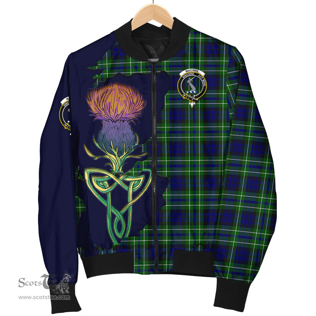 Scottish MacNeil of Colonsay Modern Tartan Family Crest with Thistle and Scotland Map Tartan Plaid Bomber Jacket Scottish Plaid Tartan Plaid - ScotsTee - scotstee.com