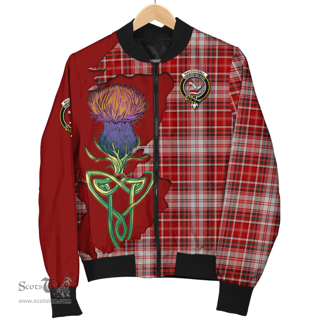 Scottish MacDougall Dress Tartan Family Crest with Thistle and Scotland Map Tartan Plaid Bomber Jacket Scottish Plaid Tartan Plaid - ScotsTee - scotstee.com