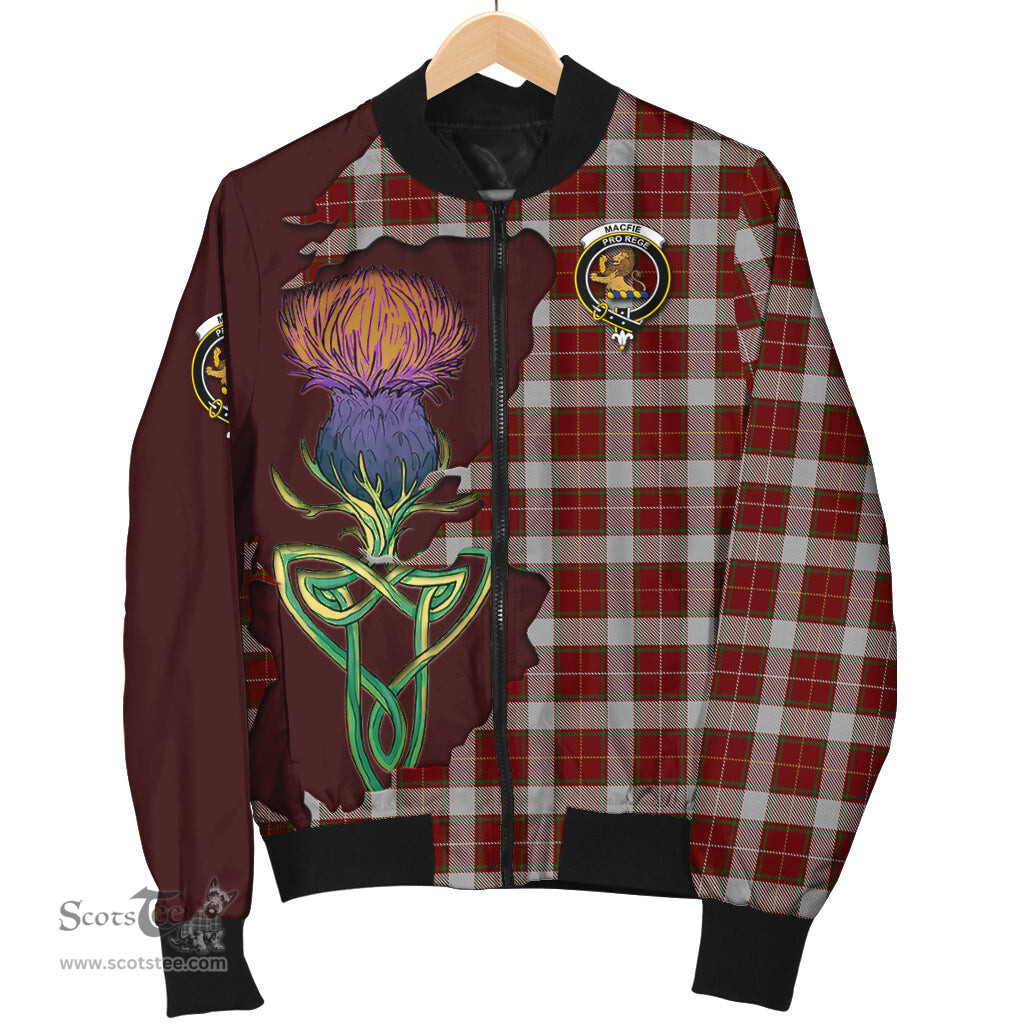 Scottish MacFie Dress Tartan Family Crest with Thistle and Scotland Map Tartan Plaid Bomber Jacket Scottish Plaid Tartan Plaid - ScotsTee - scotstee.com