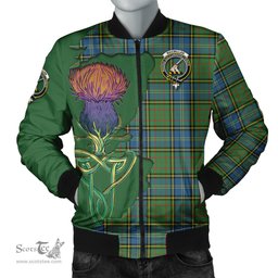 Scottish MacMillan Hunting Ancient Tartan Family Crest with Thistle and Scotland Map Tartan Plaid Bomber Jacket Scottish Plaid Tartan Plaid - ScotsTee - scotstee.com