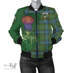 Scottish MacMillan Hunting Ancient Tartan Family Crest with Thistle and Scotland Map Tartan Plaid Bomber Jacket Scottish Plaid Tartan Plaid - ScotsTee - scotstee.com
