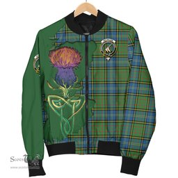 Scottish MacMillan Hunting Ancient Tartan Family Crest with Thistle and Scotland Map Tartan Plaid Bomber Jacket Scottish Plaid Tartan Plaid - ScotsTee - scotstee.com