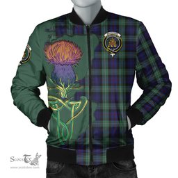 Scottish MacKenzie Hunting Green Tartan Family Crest with Thistle and Scotland Map Tartan Plaid Bomber Jacket Scottish Plaid Tartan Plaid - ScotsTee - scotstee.com