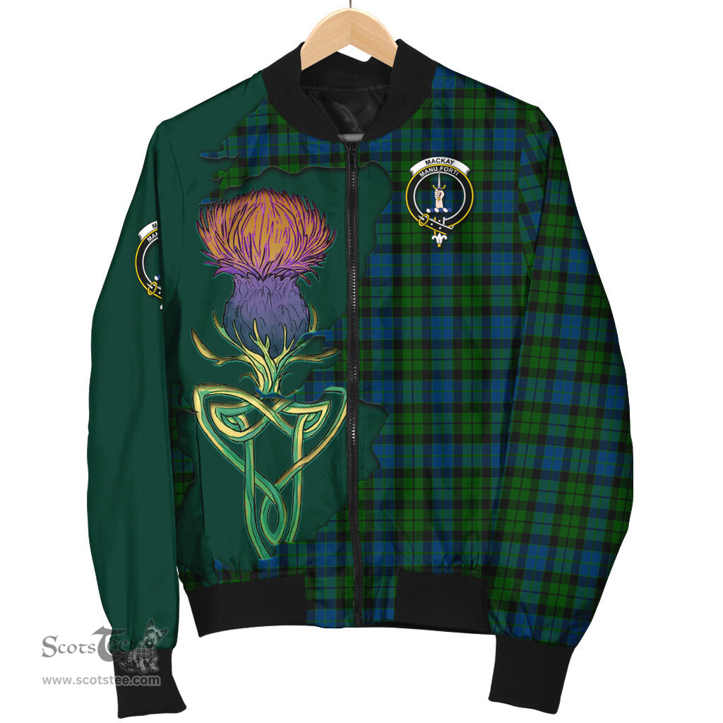 Scottish MacKay Modern Tartan Family Crest with Thistle and Scotland Map Tartan Plaid Bomber Jacket Scottish Plaid Tartan Plaid - ScotsTee - scotstee.com