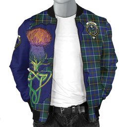 Scottish MacInnes Modern Tartan Family Crest with Thistle and Scotland Map Tartan Plaid Bomber Jacket Scottish Plaid Tartan Plaid - ScotsTee - scotstee.com