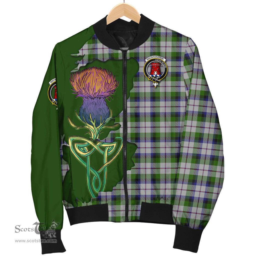 Scottish MacNaughton Dress Tartan Family Crest with Thistle and Scotland Map Tartan Plaid Bomber Jacket Scottish Plaid Tartan Plaid - ScotsTee - scotstee.com