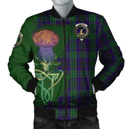 Scottish Lumsden Green Tartan Family Crest with Thistle and Scotland Map Tartan Plaid Bomber Jacket Scottish Plaid Tartan Plaid - ScotsTee - scotstee.com