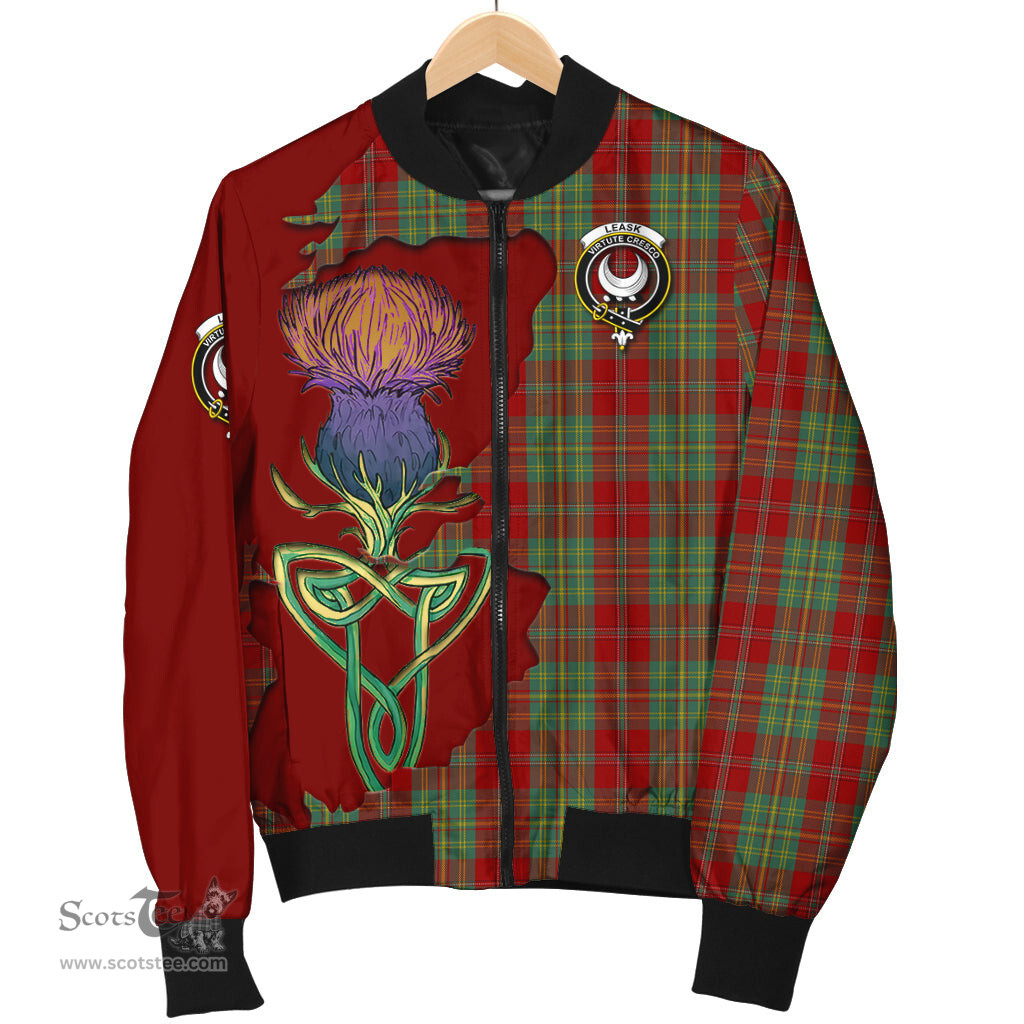 Scottish Leask Tartan Family Crest with Thistle and Scotland Map Tartan Plaid Bomber Jacket Scottish Plaid Tartan Plaid - ScotsTee - scotstee.com