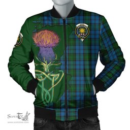 Scottish Kerr Hunting Tartan Family Crest with Thistle and Scotland Map Tartan Plaid Bomber Jacket Scottish Plaid Tartan Plaid - ScotsTee - scotstee.com