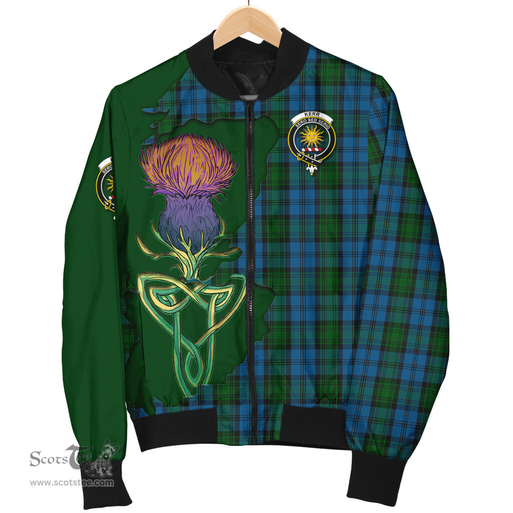 Scottish Kerr Hunting Tartan Family Crest with Thistle and Scotland Map Tartan Plaid Bomber Jacket Scottish Plaid Tartan Plaid - ScotsTee - scotstee.com