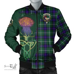 Scottish MacDonald of the Isles Hunting Modern Tartan Family Crest with Thistle and Scotland Map Tartan Plaid Bomber Jacket Scottish Plaid Tartan Plaid - ScotsTee - scotstee.com