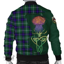 Scottish MacDonald of the Isles Hunting Modern Tartan Family Crest with Thistle and Scotland Map Tartan Plaid Bomber Jacket Scottish Plaid Tartan Plaid - ScotsTee - scotstee.com