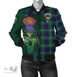 Scottish MacDonald of the Isles Hunting Modern Tartan Family Crest with Thistle and Scotland Map Tartan Plaid Bomber Jacket Scottish Plaid Tartan Plaid - ScotsTee - scotstee.com