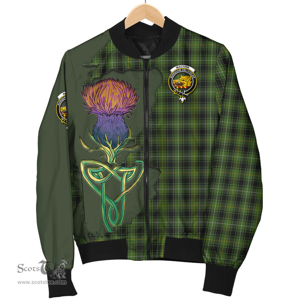 Scottish MacIver Hunting Tartan Family Crest with Thistle and Scotland Map Tartan Plaid Bomber Jacket Scottish Plaid Tartan Plaid - ScotsTee - scotstee.com
