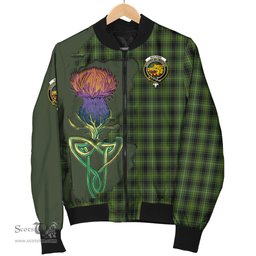 Scottish MacIver Hunting Tartan Family Crest with Thistle and Scotland Map Tartan Plaid Bomber Jacket Scottish Plaid Tartan Plaid - ScotsTee - scotstee.com
