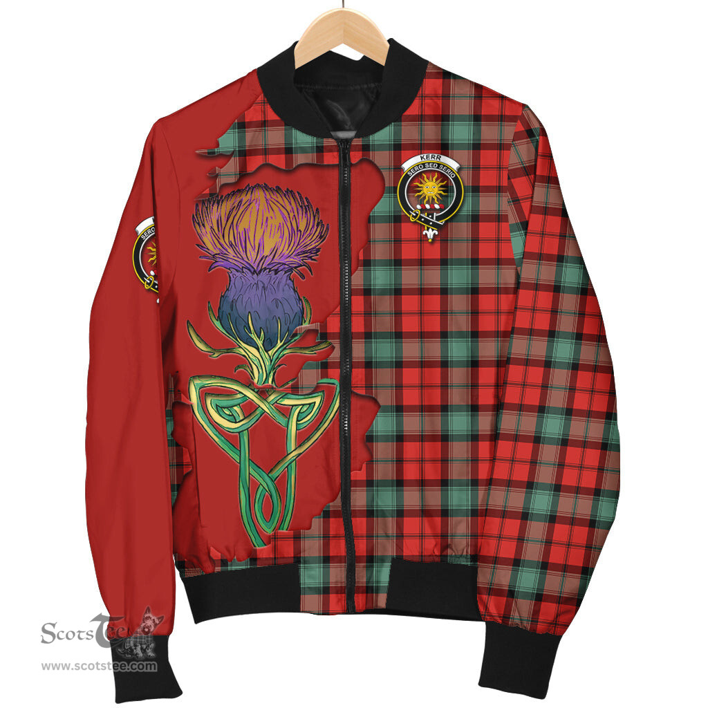 Scottish Kerr Ancient Tartan Family Crest with Thistle and Scotland Map Tartan Plaid Bomber Jacket Scottish Plaid Tartan Plaid - ScotsTee - scotstee.com