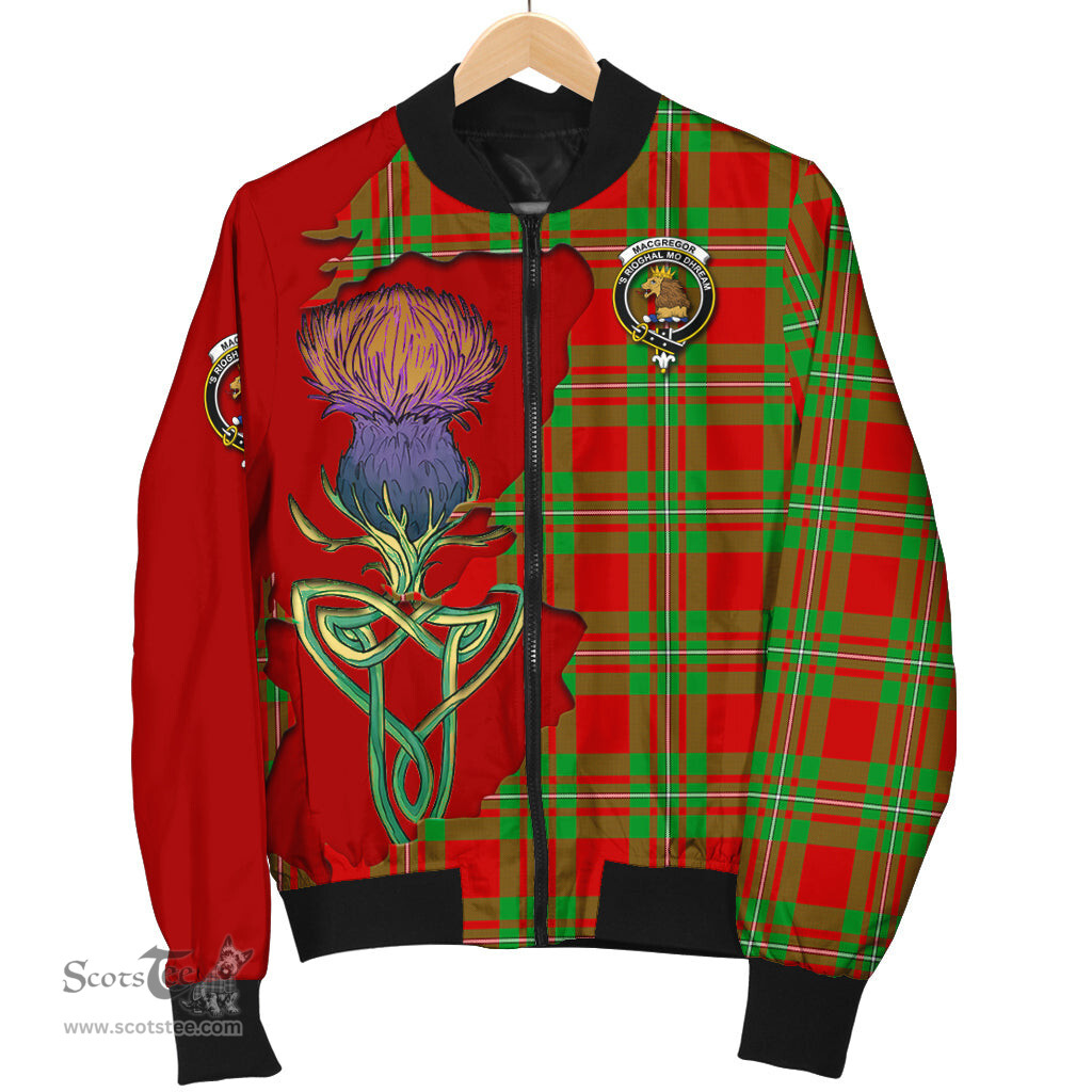 Scottish MacGregor Modern Tartan Family Crest with Thistle and Scotland Map Tartan Plaid Bomber Jacket Scottish Plaid Tartan Plaid - ScotsTee - scotstee.com