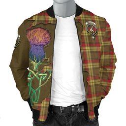 Scottish MacMillan Old Weathered Tartan Family Crest with Thistle and Scotland Map Tartan Plaid Bomber Jacket Scottish Plaid Tartan Plaid - ScotsTee - scotstee.com