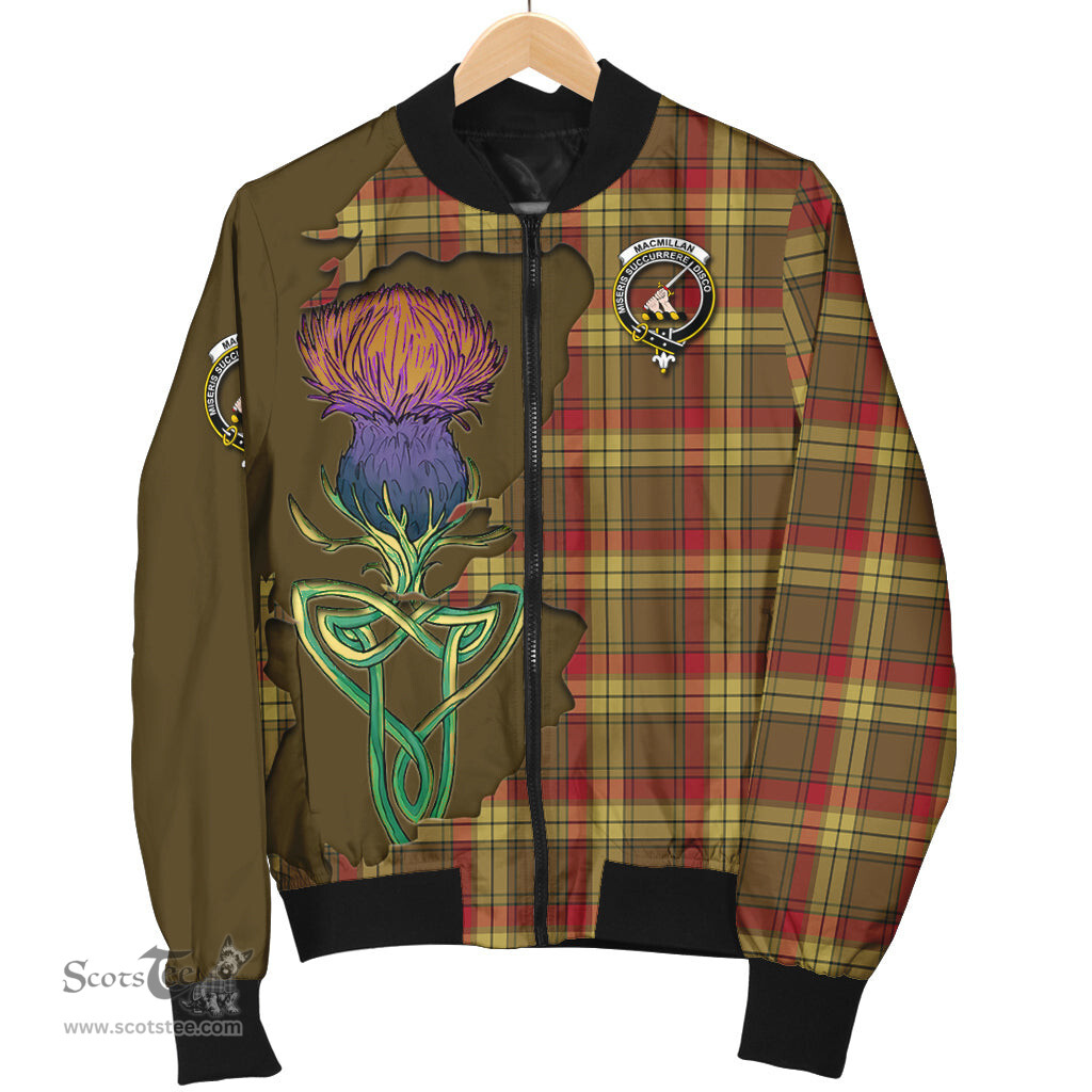 Scottish MacMillan Old Weathered Tartan Family Crest with Thistle and Scotland Map Tartan Plaid Bomber Jacket Scottish Plaid Tartan Plaid - ScotsTee - scotstee.com