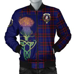 Scottish Home Modern Tartan Family Crest with Thistle and Scotland Map Tartan Plaid Bomber Jacket Scottish Plaid Tartan Plaid - ScotsTee - scotstee.com