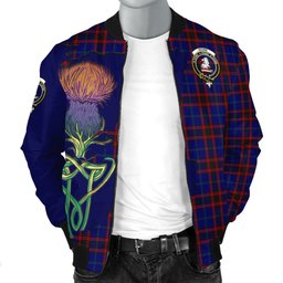 Scottish Home Modern Tartan Family Crest with Thistle and Scotland Map Tartan Plaid Bomber Jacket Scottish Plaid Tartan Plaid - ScotsTee - scotstee.com