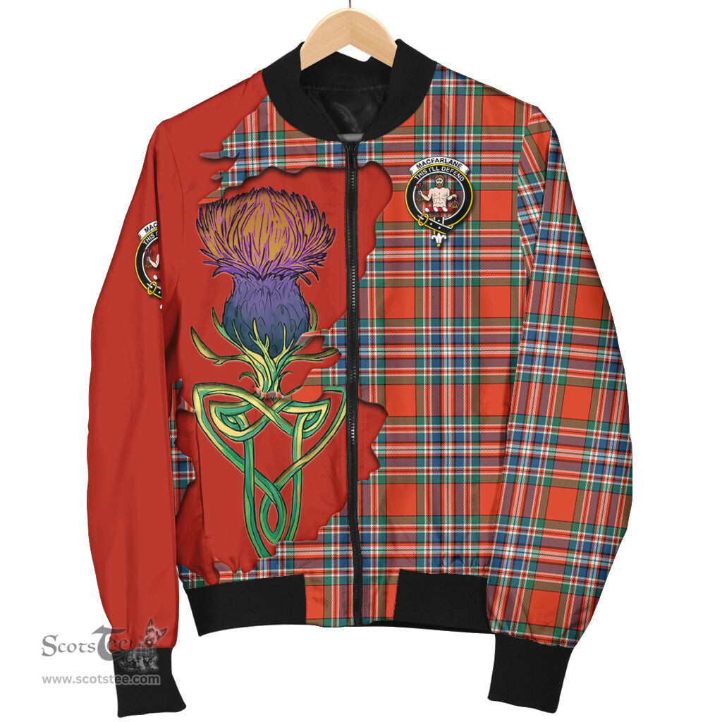 Scottish MacFarlane Ancient Tartan Family Crest with Thistle and Scotland Map Tartan Plaid Bomber Jacket Scottish Plaid Tartan Plaid - ScotsTee - scotstee.com