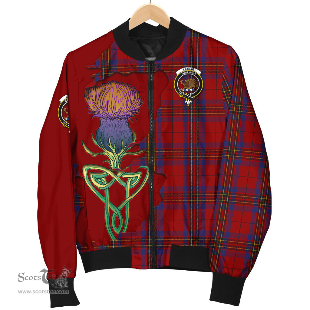 Scottish Leslie Red Tartan Family Crest with Thistle and Scotland Map Tartan Plaid Bomber Jacket Scottish Plaid Tartan Plaid - ScotsTee - scotstee.com