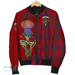 Scottish Leslie Red Tartan Family Crest with Thistle and Scotland Map Tartan Plaid Bomber Jacket Scottish Plaid Tartan Plaid - ScotsTee - scotstee.com