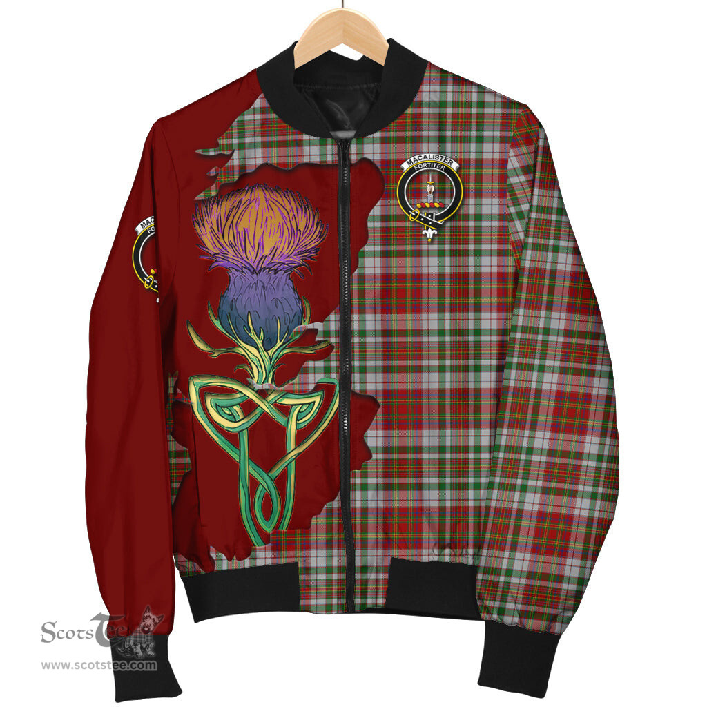 Scottish MacAlister Dress Tartan Family Crest with Thistle and Scotland Map Tartan Plaid Bomber Jacket Scottish Plaid Tartan Plaid - ScotsTee - scotstee.com