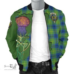 Scottish Johnstone Ancient Tartan Family Crest with Thistle and Scotland Map Tartan Plaid Bomber Jacket Scottish Plaid Tartan Plaid - ScotsTee - scotstee.com