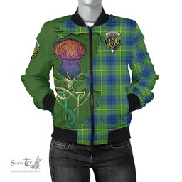 Scottish Johnstone Ancient Tartan Family Crest with Thistle and Scotland Map Tartan Plaid Bomber Jacket Scottish Plaid Tartan Plaid - ScotsTee - scotstee.com