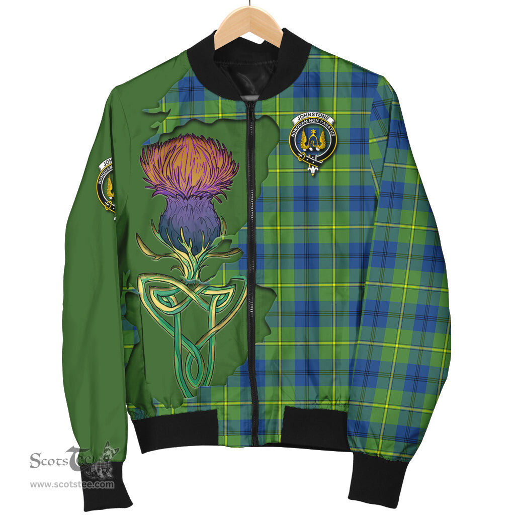 Scottish Johnstone Ancient Tartan Family Crest with Thistle and Scotland Map Tartan Plaid Bomber Jacket Scottish Plaid Tartan Plaid - ScotsTee - scotstee.com