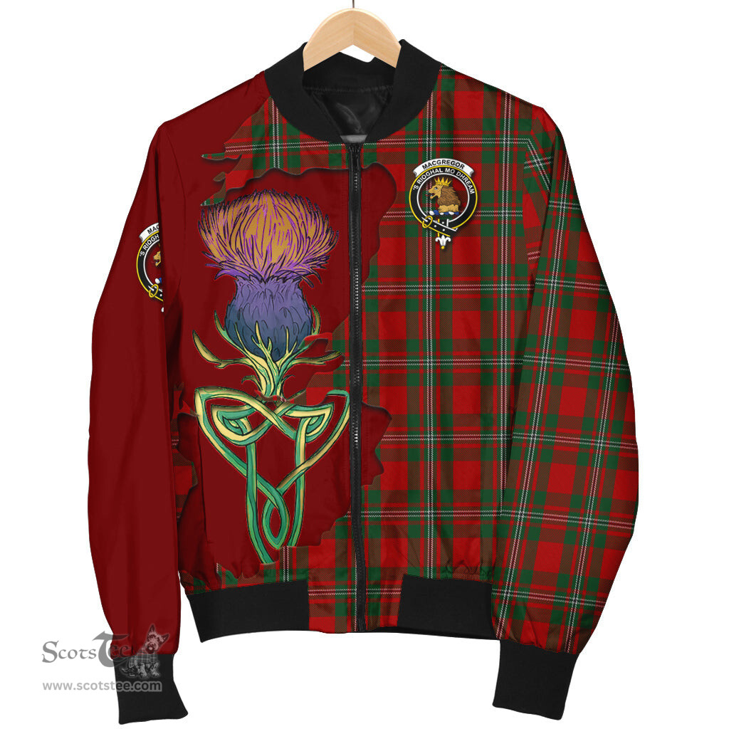 Scottish MacGregor Tartan Family Crest with Thistle and Scotland Map Tartan Plaid Bomber Jacket Scottish Plaid Tartan Plaid - ScotsTee - scotstee.com