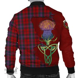 Scottish Kelly of Sleat Red Tartan Family Crest with Thistle and Scotland Map Tartan Plaid Bomber Jacket Scottish Plaid Tartan Plaid - ScotsTee - scotstee.com