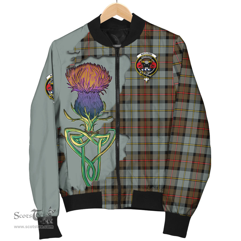 Scottish MacLeod of Harris Weathered Tartan Family Crest with Thistle and Scotland Map Tartan Plaid Bomber Jacket Scottish Plaid Tartan Plaid - ScotsTee - scotstee.com