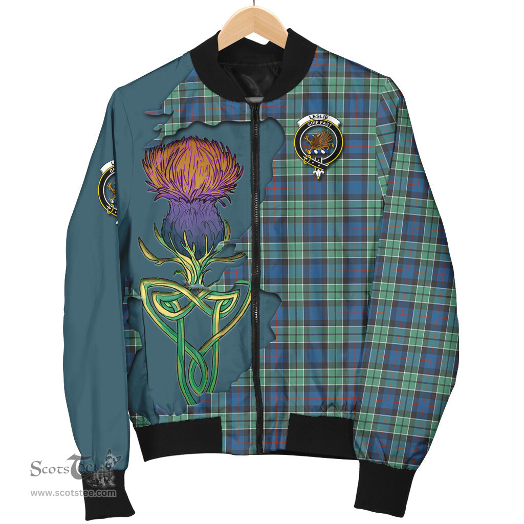 Scottish Leslie Hunting Ancient Tartan Family Crest with Thistle and Scotland Map Tartan Plaid Bomber Jacket Scottish Plaid Tartan Plaid - ScotsTee - scotstee.com