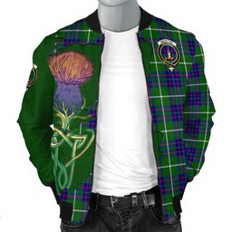 Scottish MacIntyre Hunting Modern Tartan Family Crest with Thistle and Scotland Map Tartan Plaid Bomber Jacket Scottish Plaid Tartan Plaid - ScotsTee - scotstee.com