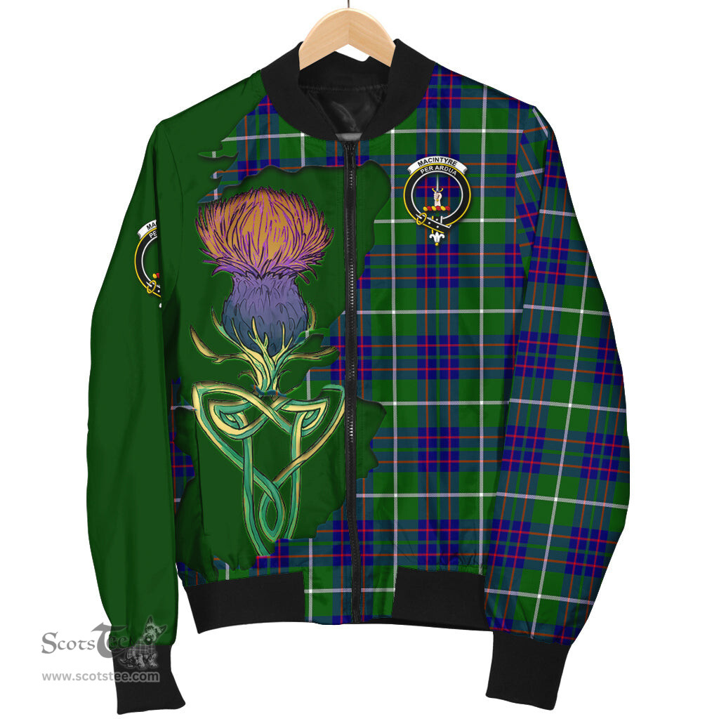 Scottish MacIntyre Hunting Modern Tartan Family Crest with Thistle and Scotland Map Tartan Plaid Bomber Jacket Scottish Plaid Tartan Plaid - ScotsTee - scotstee.com