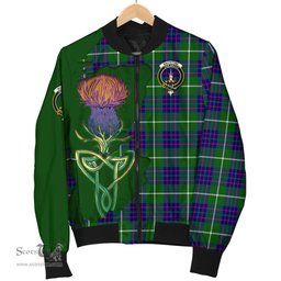 Scottish MacIntyre Hunting Modern Tartan Family Crest with Thistle and Scotland Map Tartan Plaid Bomber Jacket Scottish Plaid Tartan Plaid - ScotsTee - scotstee.com