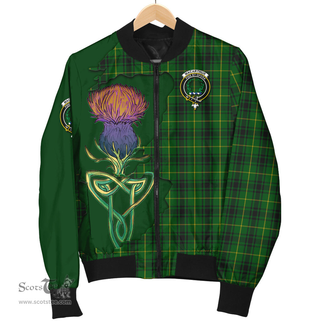 Scottish MacArthur Tartan Family Crest with Thistle and Scotland Map Tartan Plaid Bomber Jacket Scottish Plaid Tartan Plaid - ScotsTee - scotstee.com